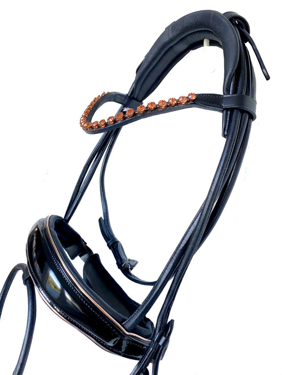 Black Rolled Leather Hanoverian Bridle with Rose Gold Detail