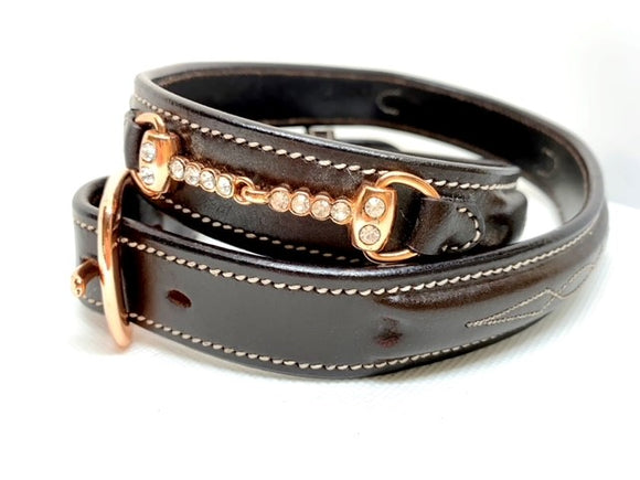 Rose Gold Crystal Bit Belt - Chocolate Brown Leather